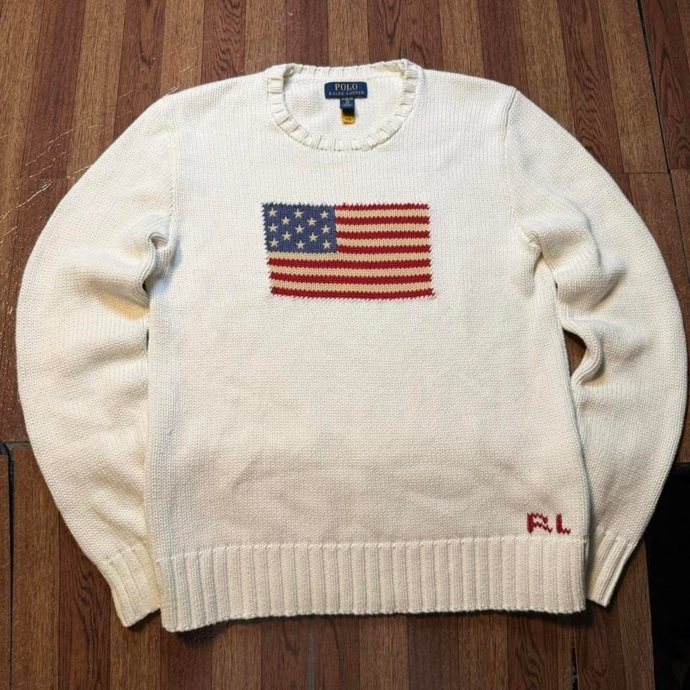 Polo Ralph Lauren White USA American Flag Knit Sweater Youth XL (Women's Small)